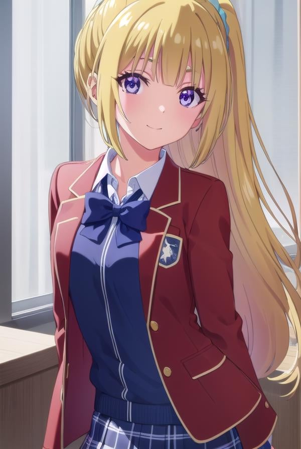 keikaruizawa, <lora:kei karuizawa s2-lora-nochekaiser:1>, kei karuizawa, long hair, bangs, blunt bangs, (purple eyes:1.1), blonde hair, shirt, hair ornament, ponytail, scrunchie, blue scrunchie, smile,BREAK skirt, shirt, bow, school uniform, jacket, (red jacket:1.2), pleated skirt, bowtie, sweater, (blue bow:1.2), (blue shirt:1.2),BREAK indoors, classroom,BREAK looking at viewer, (cowboy shot:1.5),BREAK <lyco:GoodHands-beta2:1>, (masterpiece:1.2), best quality, high resolution, unity 8k wallpaper, (illustration:0.8), (beautiful detailed eyes:1.6), extremely detailed face, perfect lighting, extremely detailed CG, (perfect hands, perfect anatomy),