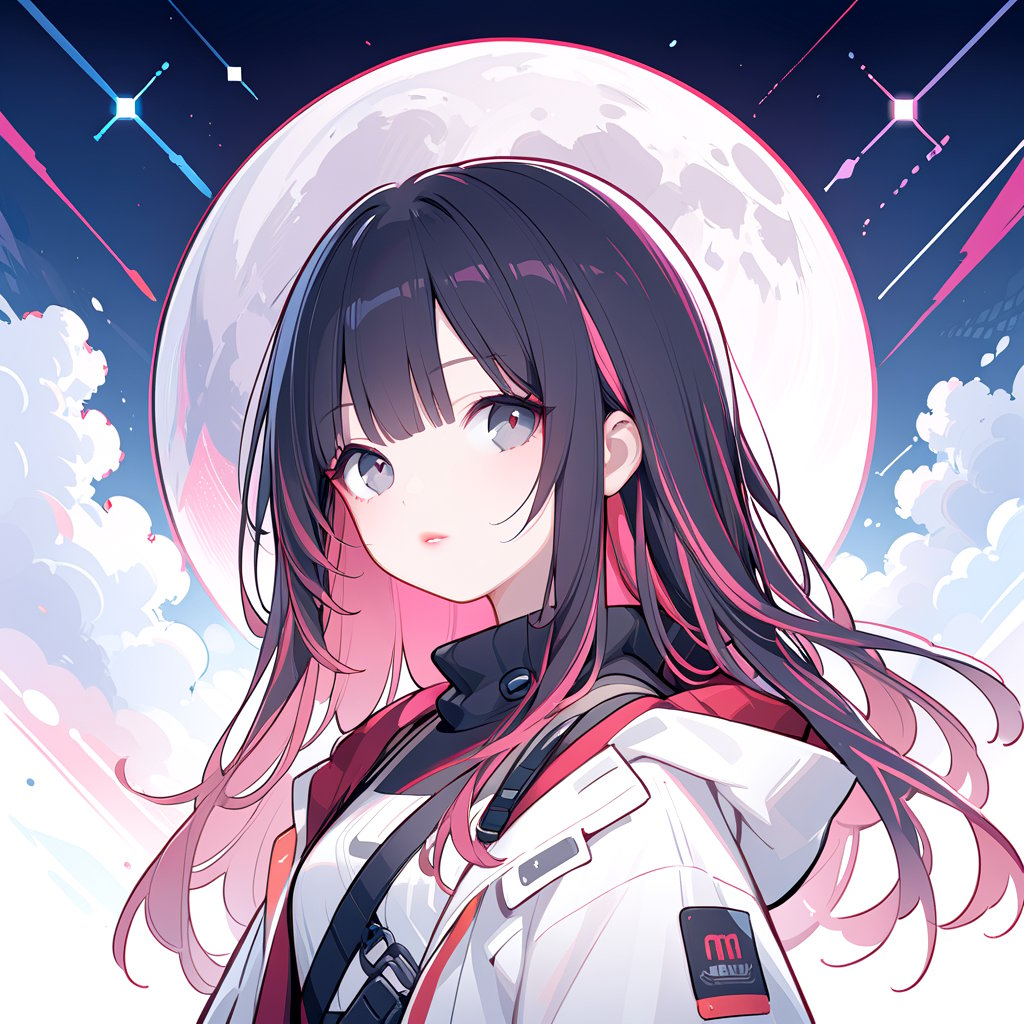 full body,Cyberpunk,a girl,arms,Bangs,rainbow highlights,black hair,full moon,gray eyes,jacket,long sleeves,(long hair0, moon, multi-colored hair, bangs, lips, pink hair, portrait, Red Lips, solo, white jacket, minimalist illustration, vector illustration, geometric art, line art, rich color scheme, sparkling light,moyou,