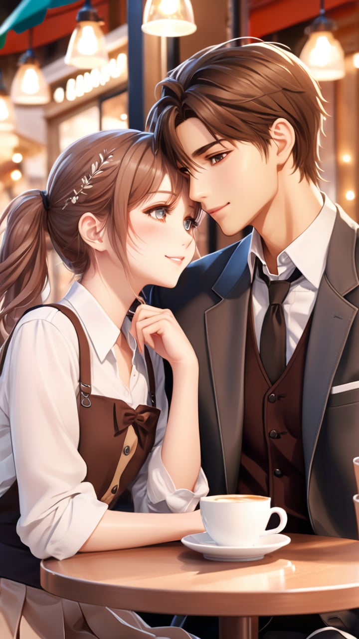 Generate a 32k UHD professional anime illustration, showcasing a boy and girl on a cafe date, extremely delicate detail. The scene in professional detail and perfect proportions, captures their tender affection. Focus on expressive eyes and fashionable attire, set in a cozy, modern-yet-whimsical cafe. Use soft, warm lighting to create a romantic, inviting atmosphere, telling a charming, heartwarming story. Blushing emotional faces.