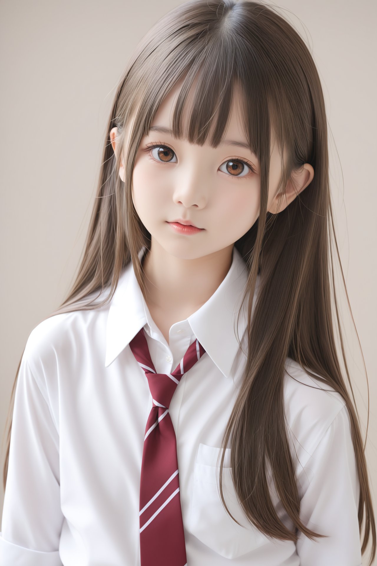 (masterpiece),(best quality),solo, 1girl, loli,necktie, shirt, looking at viewer, long hair, white shirt, simple background, collared shirt, brown eyes, brown hair, head tilt, upper body, closed mouth, red necktie, lips, school uniform, wing collar,