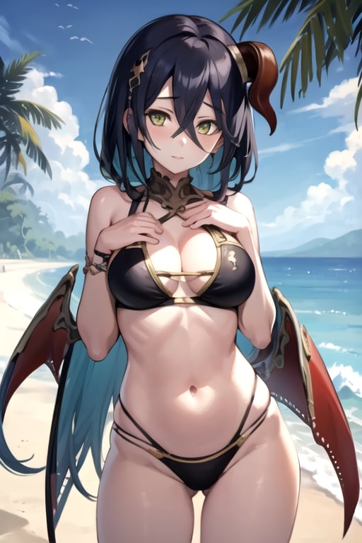 <lora:Ranpha-06:0.7> ,RANPHA, 1girl, solo, long hair, looking at viewer, black hair, navel, cleavage, hair between eyes, green eyes, swimsuit, yellow eyes, bikini, outdoors, wings, horns, sky, day, cloud, tree, black bikini, ocean, beach, parody, hand on own chest, single horn, palm tree