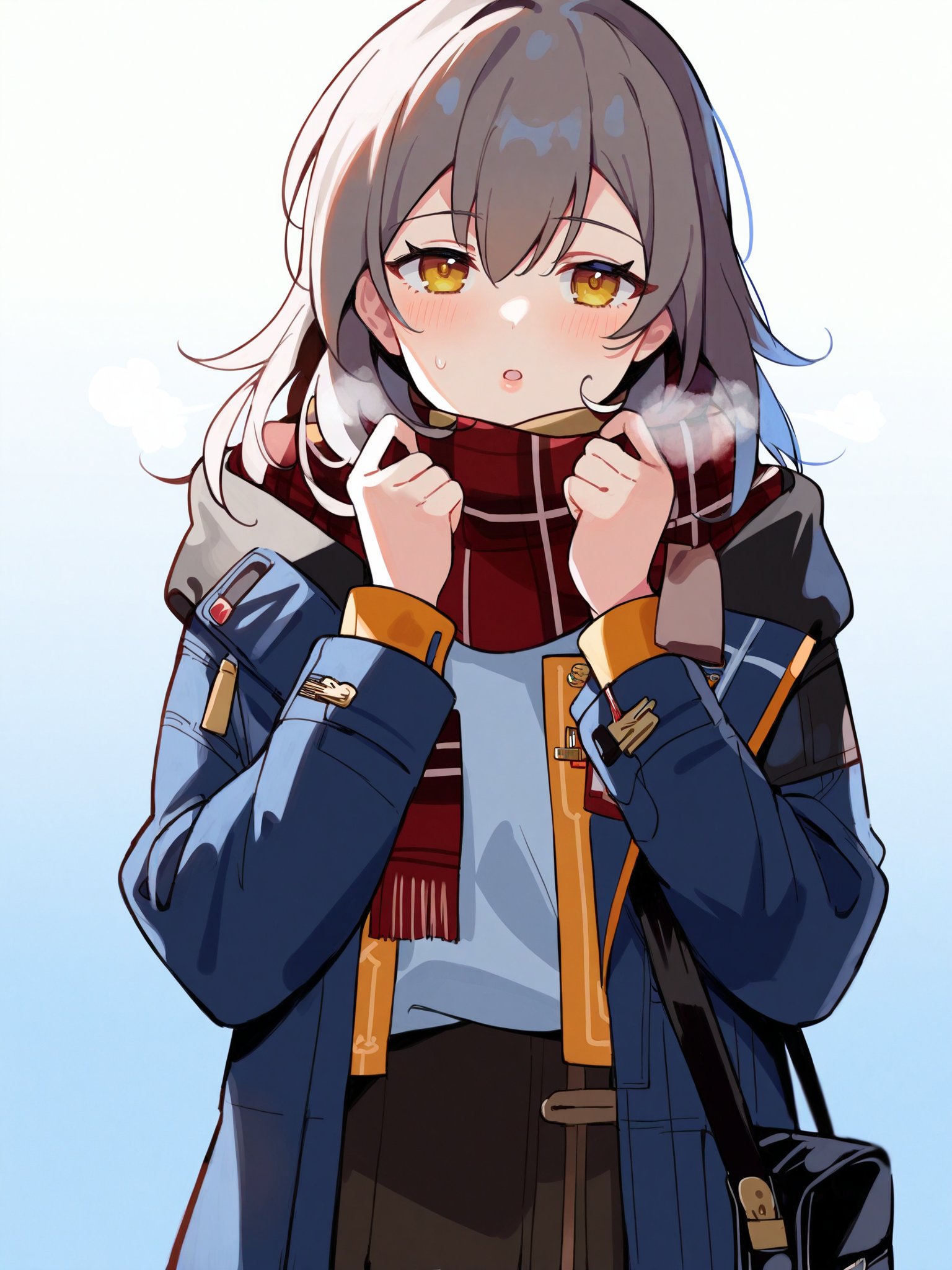 <lora:XL_Stelle(pony):1>,stelle,1girl,long gray hair,yellow eyes,xing costume,1girl,solo,scarf,bag,looking at viewer,coat,plaid,red scarf,plaid scarf,blush,school bag,long sleeves,upper body,breath,open mouth,:o,gradient background,hands up,sleeves past wrists,gradient,fringe trim,shoulder bag,blue coat,duffel coat,parted lips,jacket,dated,winter clothes,, score_9,score_8_up,score_7_up, source_anime,