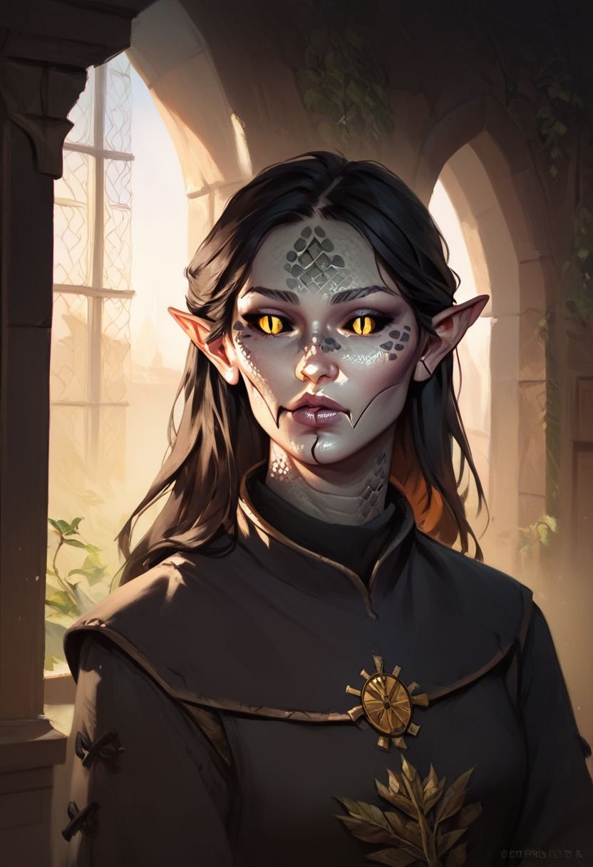 score_9, score_8_up, 8, score_7_up, score_6_up, ((masterpiece)), solo, portrait,gwentstyle,Yuan-ti, black sclera, slit pupils, scales, pointed ears, 1girl, grey skin, black scales, yellow eyes, black shirt, deep neckline,cabinet scenery, dark background,