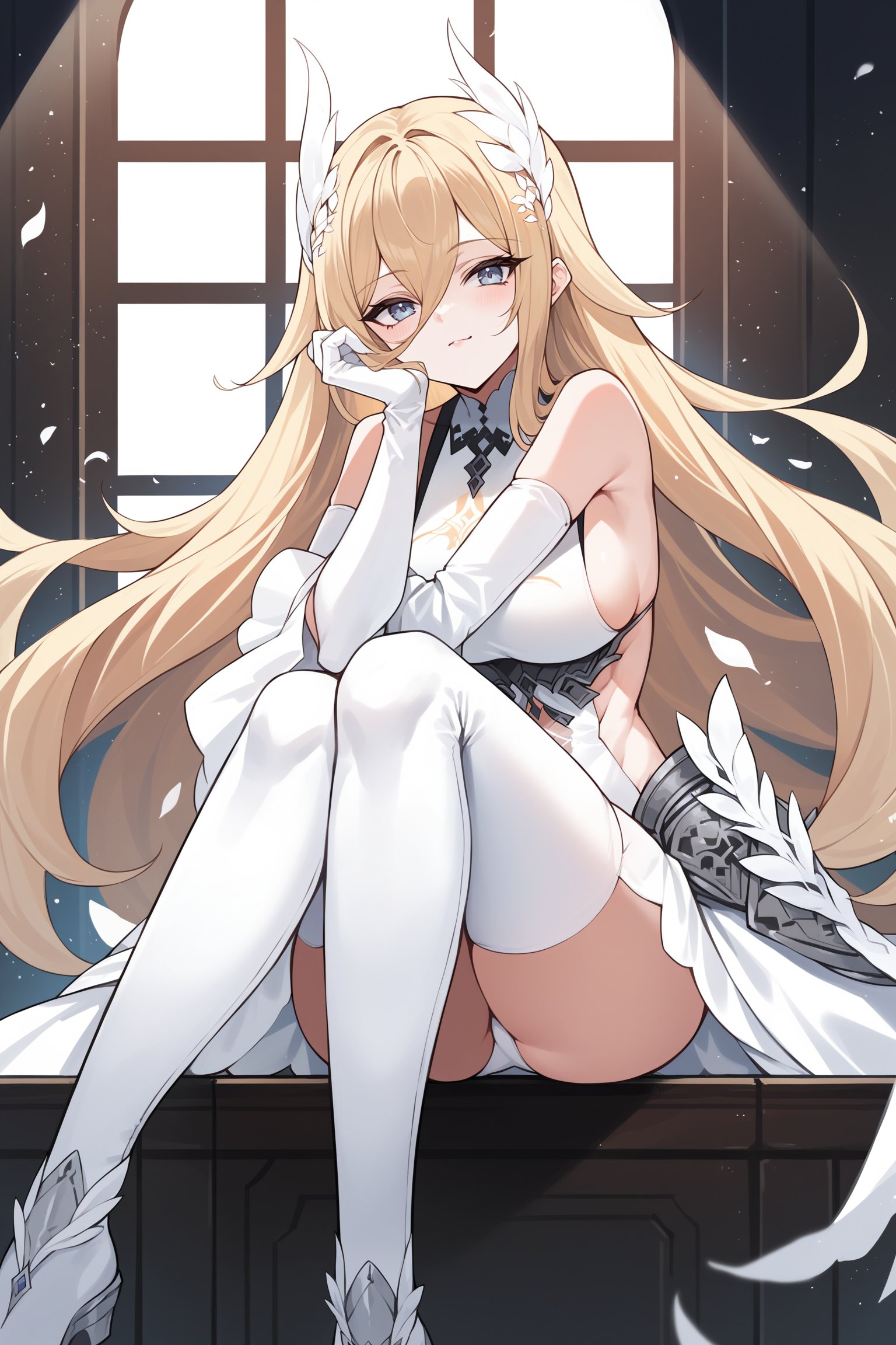 score_9, score_8_up, score_7_up, , rating_sensitive,nsfw, 1girl  ,bydsd, long hair,  wing hair ornaments, white leotard, elbow gloves, detached wide sleeves, underbust, faulds, overskirt, white thigh boots, source_anime, <lora:BayardPDCAMEq1v1 AL:1>, indoors, cowboy shot, abstract, spotlight, naughty face, alluring, sitting, hugging own legs, head rest