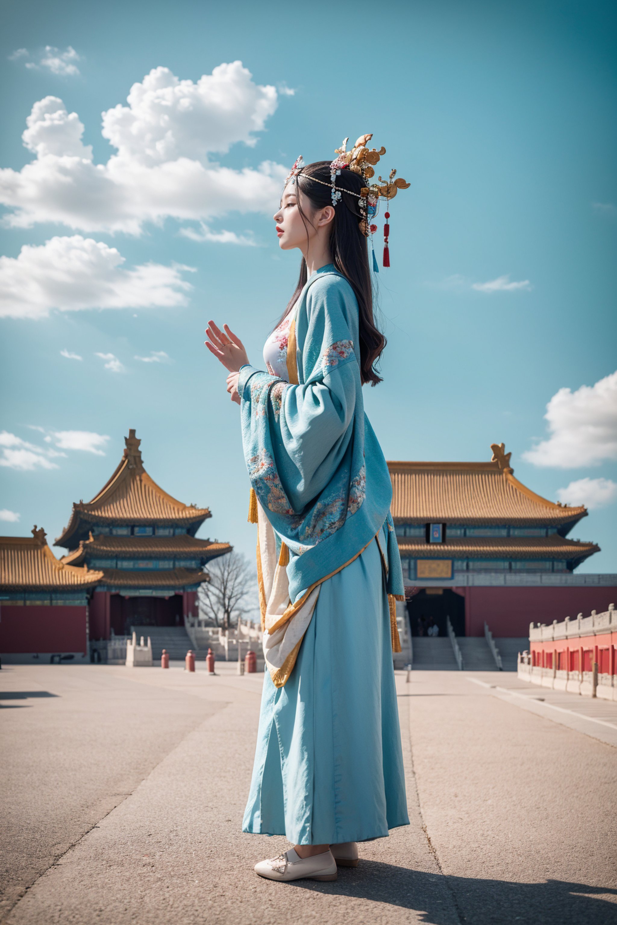 gugong, Sky, cloud, sky, 1 Hanfu girl, fine headdress, full body, Embroidered Flats, foot-free, solo, Audience, outdoor, Five Fingers, 2 Hands, blue sky, scenery, East Asian architecture, architecture, Forbidden City, road, 8K, photographic Wilight W resolution, Hyphos profile