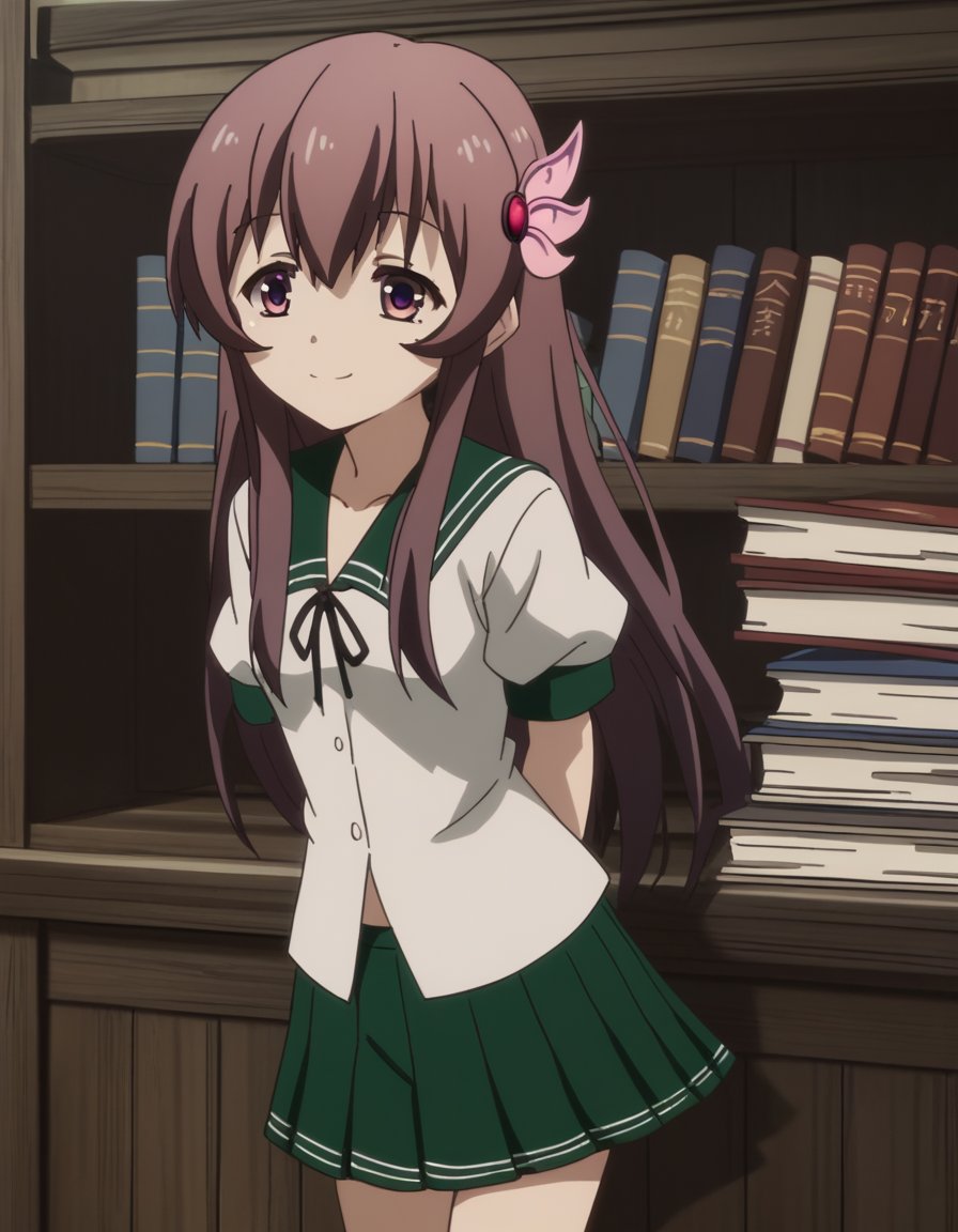 score_9, score_8_up, score_7_up, source_anime, <lora:kancolle-kisaragi-s1-ponyxl-lora-nochekaiser:1>, kisaragi, long hair, brown hair, hair ornament, brown eyes, purple eyes, kisaragi (kancolle), skirt, school uniform, short sleeves, pleated skirt, serafuku, green skirt,, bookstore, browsing shelves, new book smell, finding a favorite, quiet atmosphere, , , hands behind back, bent over, smile, solo,, cowboy shot, dutch angle