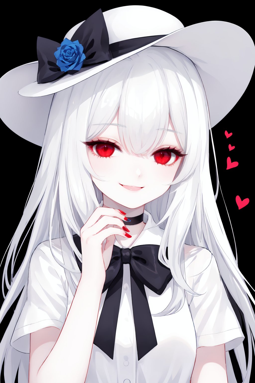 1girl,red eyes,solo,hat,blue flower,heart,signature,blue rose,horns,looking at viewer,smile,choker,flower,black choker,rose,blood,white headwear,black background,bangs,artist name,white hair,bow,hat flower,hair over one eye,sun hat,nail polish,simple background,hands up,upper body,portrait,hat bow,red nails,shirt,