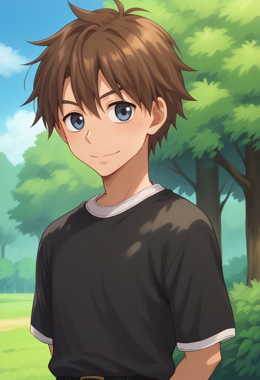 score_9, score_8_up, score_7_up, source_anime, highly detailed, kosuke, 1boy, male focus, solo, tree, shirt, outdoors, looking at viewer, bush, smile, upper body, short hair, short sleeves, t-shirt, black shirt, arms behind back, day, closed mouth, brown hair, blue eyes, belt,