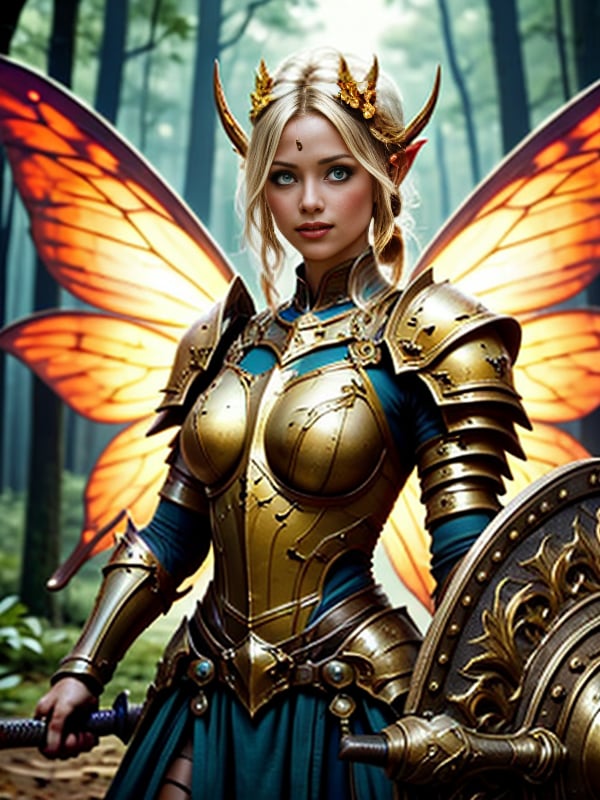 fantacyLightArt,1girl,weapon,sword,wings,solo,armor,blonde hair,shield,holding,butterfly wings,nature,forest,holding weapon,blue eyes,long hair,looking at viewer,holding sword,blurry background,fairy,breastplate,blurry,pointy ears,ponytail,upper body,shoulder armor,lips,breasts,fairy wings,realistic,gauntlets,boobplate,tree,glowing,outdoors,medium breasts,hair ornament,<lora:SD1.5_fantacyLightArt:0.7>,