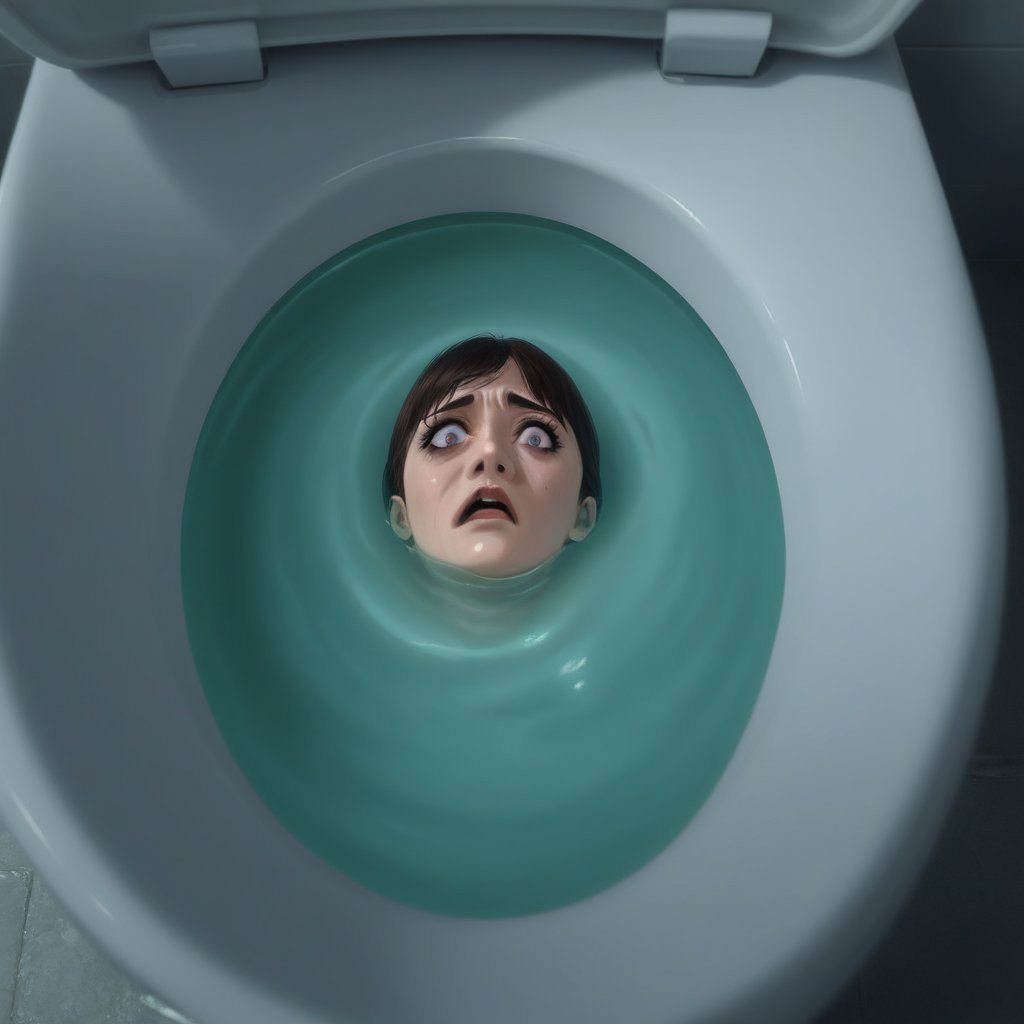 Create an anime style realistic image of a person's head emerging from a toilet bowl, their gaze fixed upwards as if peering through the drain, while their body remains submerged beneath the surface. Capture the eerie juxtaposition of the mundane and the macabre, evoking feelings of unease and fascination in the viewer, kawakimyou, best quality, trapped, very realistic like they are imprisoned, anxious and excited