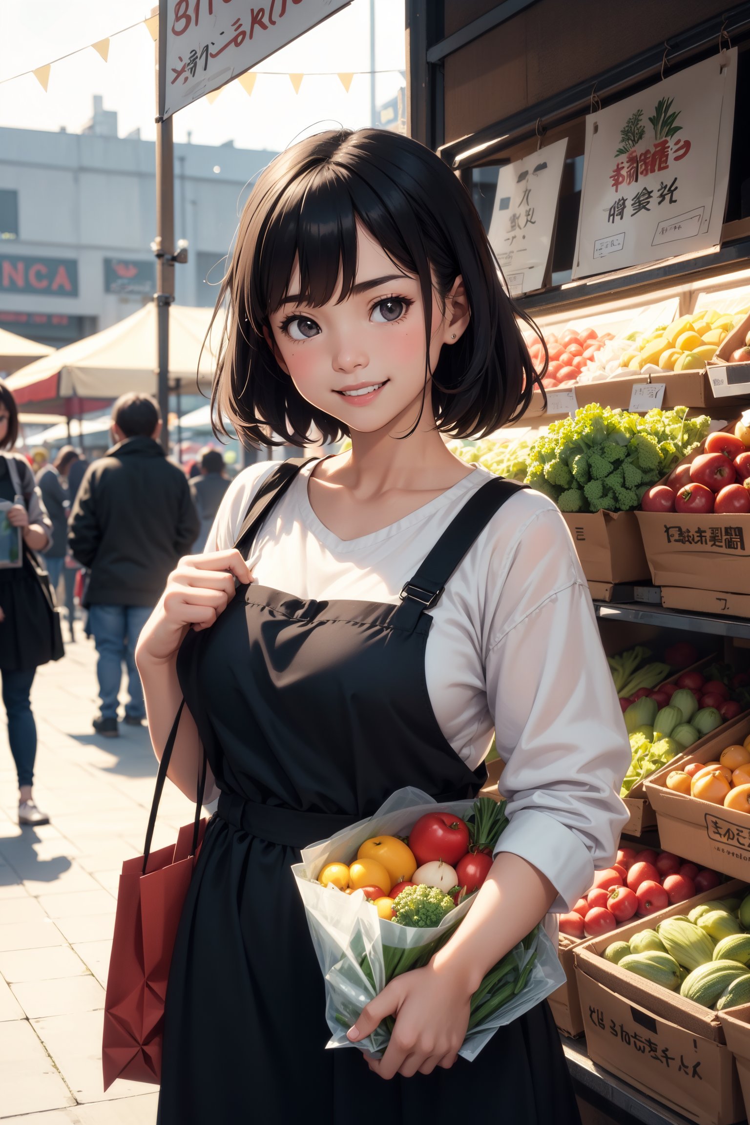 Cinematic still of girl holding shopping bag full of vegetables with paws, shopping with smile in a market. . Shallow depth of field, vignette, highly detailed, high budget, bokeh, Cinemascope, moody, epic, gorgeous, film grain, grainy