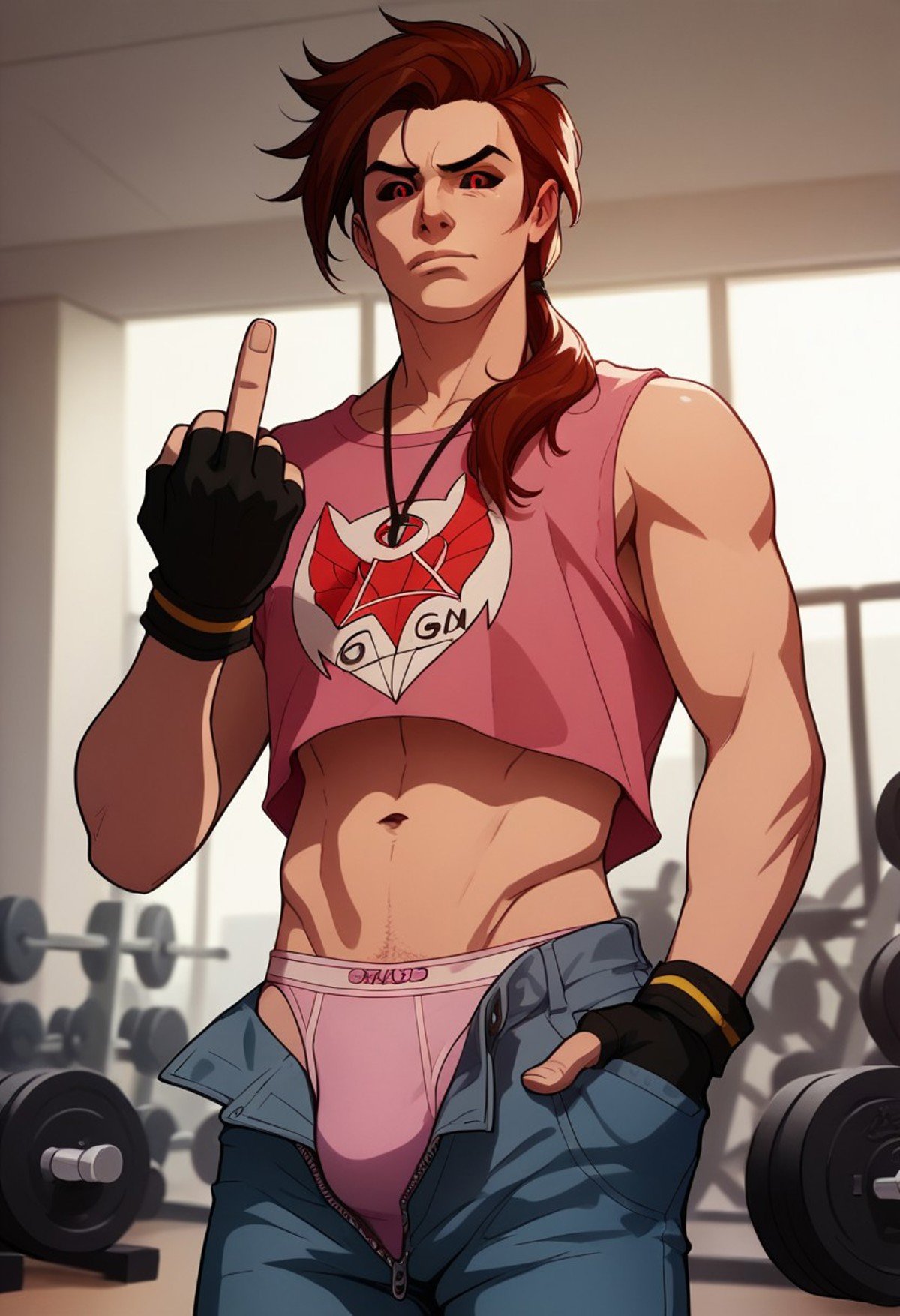 Dsk_Remy_Lebeau, 1boy, auburn hair, red eyes, black sclera, colored sclera, pink crop top, denim, fingerless gloves, gloves, hand in pocket, jeans,  long hair, male focus, male underwear, middle finger, midriff, pants, Gym scene, indoors, low ponytail, solo, underwear, unzipped, extreme light and shadow, cinematic lighting, cinematic angle, score_9, score_8_up, score_7_up, score_6_up, score_5_up, score_4_up,