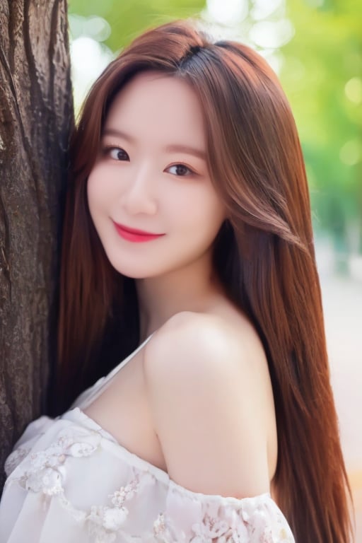 (masterpiece),(best quality),(realistic:1.3),((intricate details)),(cowboy_shot),1girl,solo,photo background,brown hair,long hair,straight_hair,looking at viewer,dress,smile,outdoors,realistic,brown eyes,off shoulder,bare shoulders,black hair,tree,breasts,<lora:liblibu_suhua010:1>,