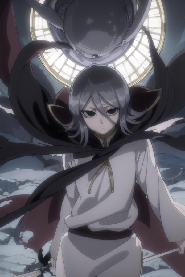 rukiakuchiki, <lora:rukia kuchiki movie3-lora-nochekaiser:1>,dark rukia kuchiki, kuchiki rukia, short hair, grey hair, hair between eyes, (black eyes:1.5), (black sclera:1.5),BREAK cape, robe, white robe, high collar, long sleeves, torn clothes,BREAK outdoors,BREAK looking at viewer, (cowboy shot:1.5),BREAK <lyco:GoodHands-beta2:1>, (masterpiece:1.2), best quality, high resolution, unity 8k wallpaper, (illustration:0.8), (beautiful detailed eyes:1.6), extremely detailed face, perfect lighting, extremely detailed CG, (perfect hands, perfect anatomy),