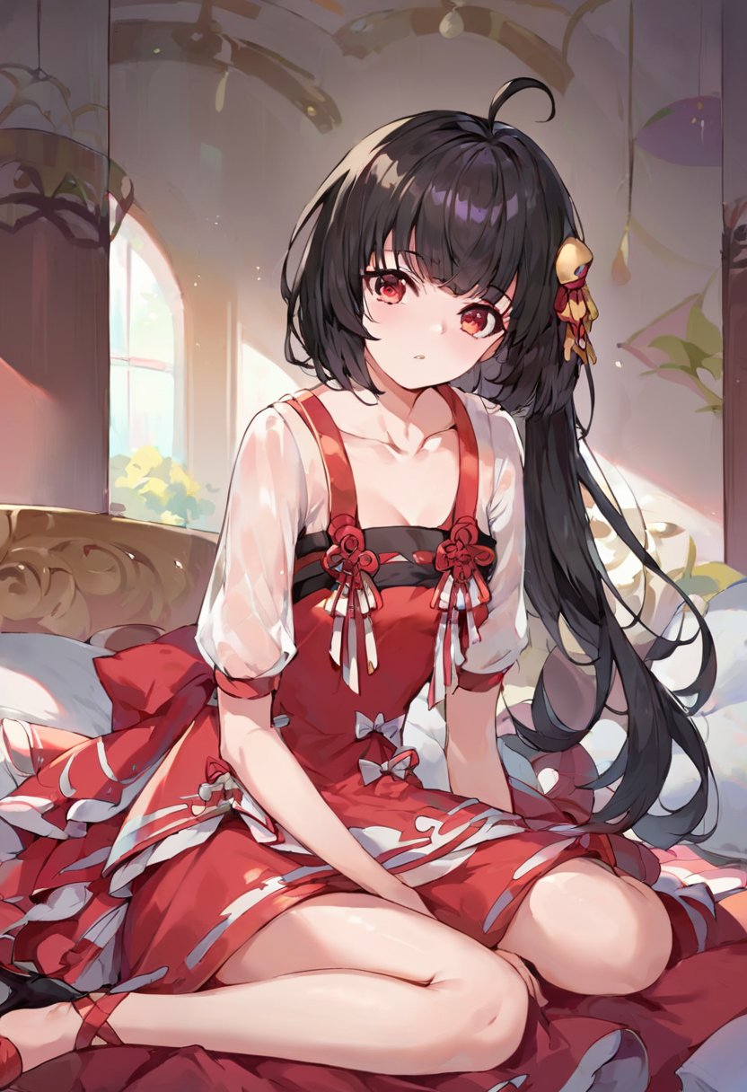 score_9,score_8_up,score_7_up,source_anime,pretty eyes,1girl,dress,hair ornament,red dress,bangs,red eyes,black hair,long hair,see-through,short sleeves,collarbone,ahoge,ribbon,high heels,hair ribbon,puffy sleeves,indoors,<lora:Pony_yousa_default-000007:0.8>,