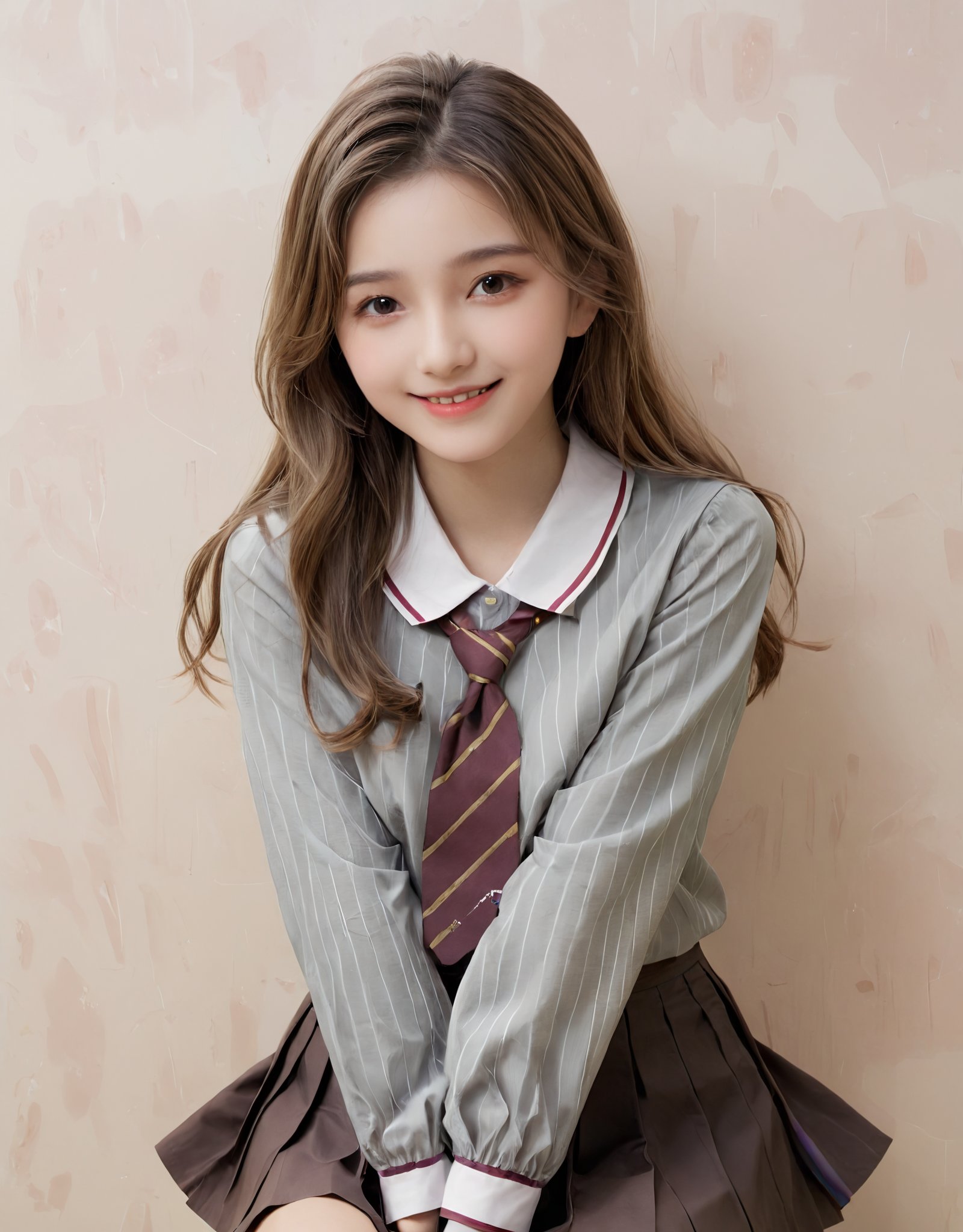 blonde girl,closeup face, 1girl, blush, brown eyes, brown hair, brown shirt, brown skirt, collared shirt, facing viewer, grey hair, hair between eyes, hands up, long hair, long sleeves, looking to the side, parted lips, pleated skirt, school uniform, shirt, simple background, sitting, skirt, smile, solo, striped, striped ribbon, very long hair, wariza, white background