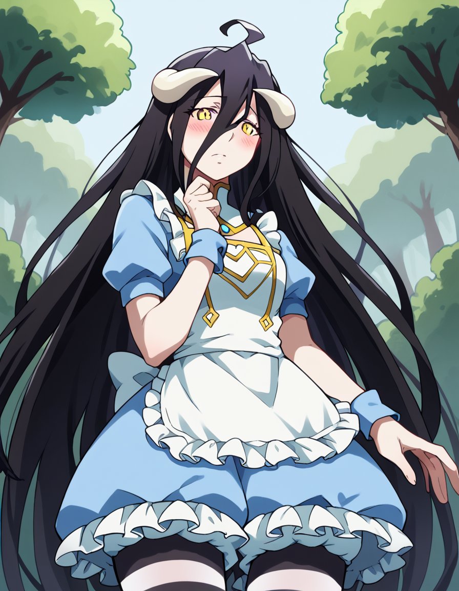 score_9, score_8_up, score_7_up, source_anime, overlordalbedo, <lora:overlord-albedo-s1s2-ponyxl-lora-nochekaiser:1>, albedo, ahoge, black hair, horns, long hair, yellow eyes,, <lora:alice-cosplay-ponyxl-lora-nochekaiser:1>, alicecosplay alice \(alice in wonderland\) \(cosplay\), apron, black pantyhose, bloomers, blue dress, bow, dress, frilled apron, frilled dress, frills, puffy short sleeves, puffy sleeves, striped clothes, striped pantyhose, white apron, white bloomers, white pantyhose, wrist cuffs,, landscape, forest, blush,, cowboy shot, dutch angle, solo,