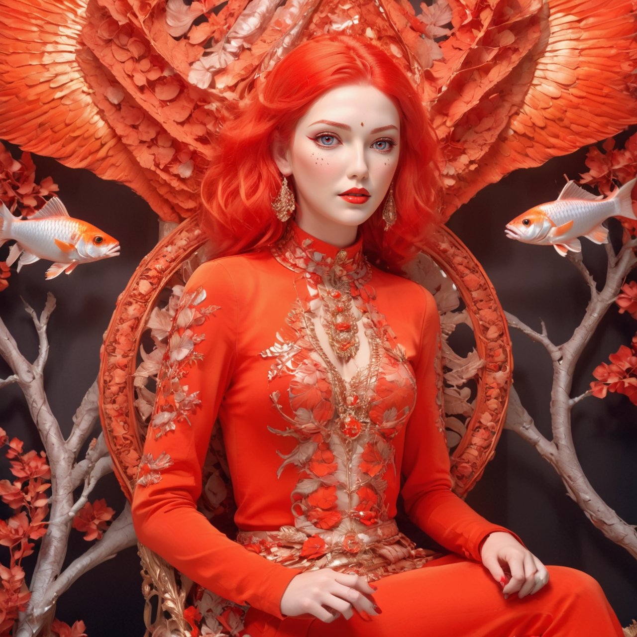 aw0k euphoricred style, photograph, Golden ratio, hyper detailed, beautiful woman of [Ice|Development] sitting in a Dire Throne, dark orange Ruff, Spring, Baroque Art, film grain, Canon RF, Fish-eye Lens, <lora:redstyle-000009:0.8>