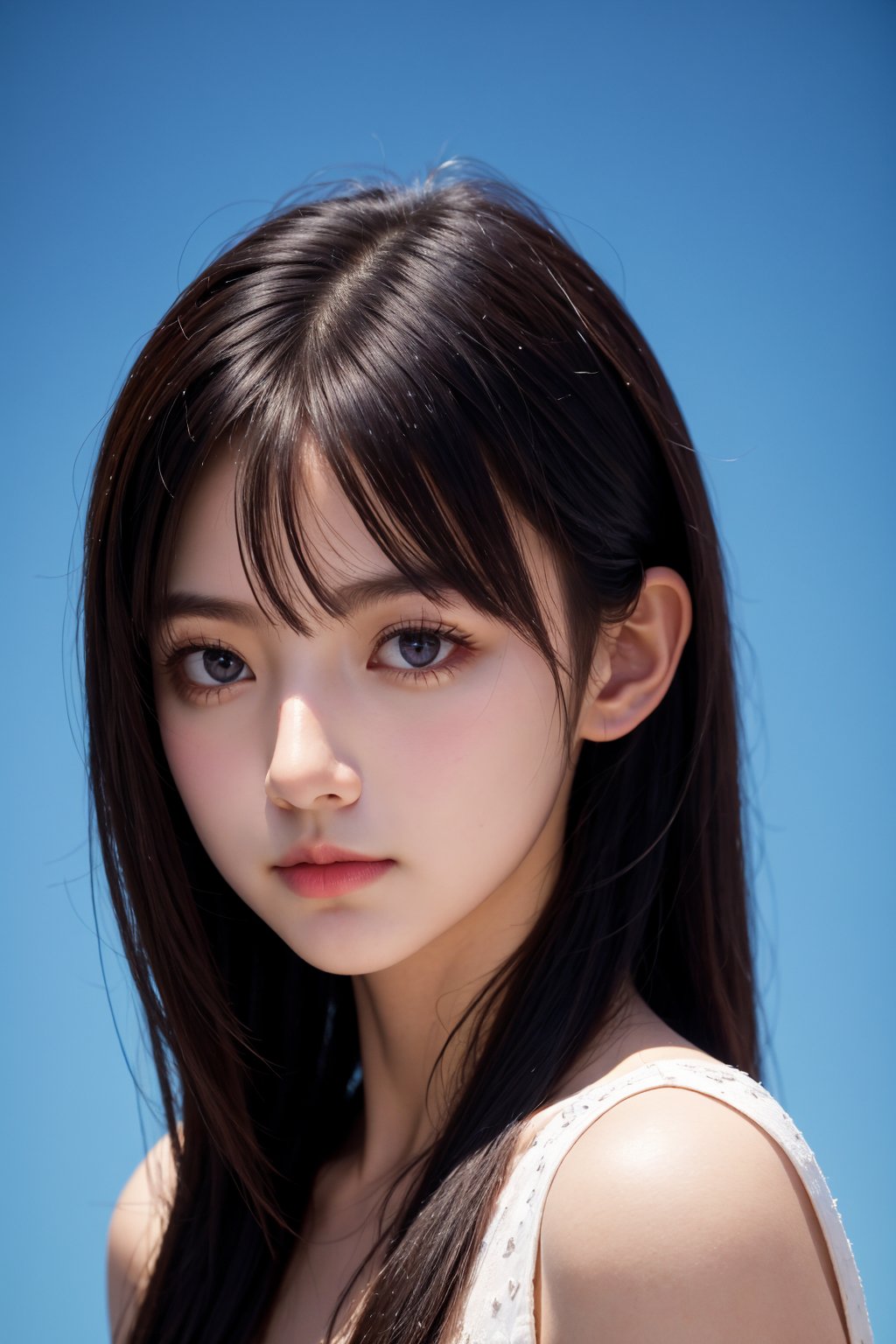 <lora:AgainEyes:0.25>,1girl,black hair,portrait,white dress,purple eyes,shining eyes,blue simple background,