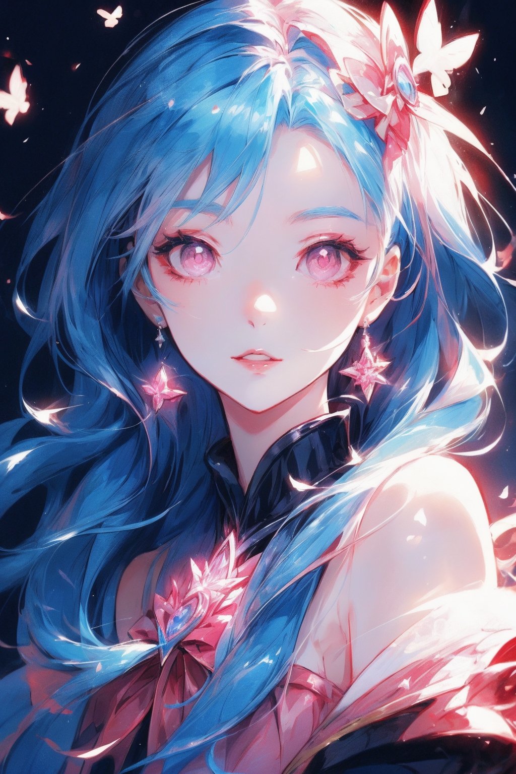 Senketsu Illustration,portrait of a magical girl,Flat anime style,Lovely trendy girl,with long pink curly hair,white skin,jinx,Draw a light on a blue,faced k-pop girl,(masterpiece:1.2),hi-res,4k,extremely delicate and beautiful art,pastel color,jinx_/(league of legends/),pink eyes,blue hair,portrait,<lora:menghuangan_max:0.7>,<lora:fanguang_V1-000014:0.5>,<lora:add_detail:0.5>,