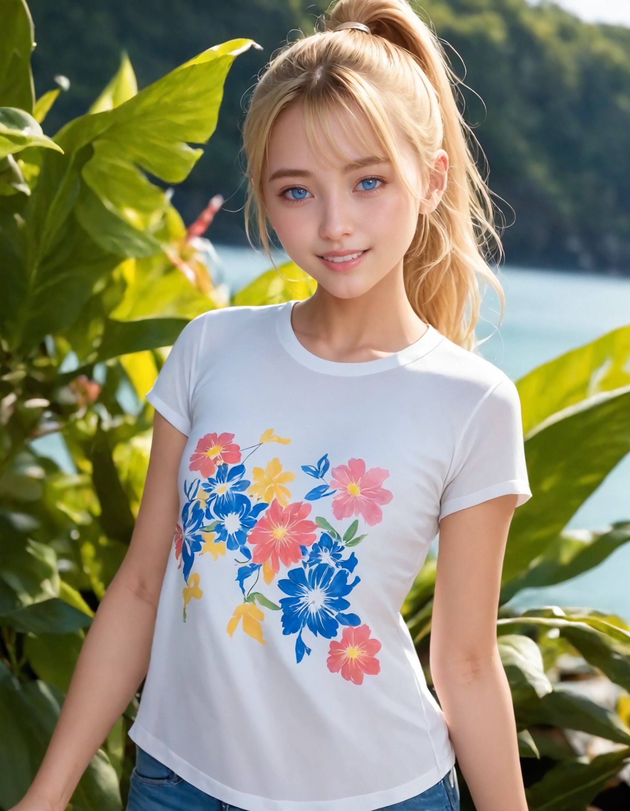 1girl, solo,(Best quality:1.0),(masterpiece:1.0),photorealism,cowboy shot,(blonde hair:1.1), (blue eyes),high ponytail hair,(small breasts:1.1),slender,BREAK(European:1.2),Floral print t-shirt with a mix of exotic flowers and tropical foliage in vibrant colors , oceanlight smile,20yo,