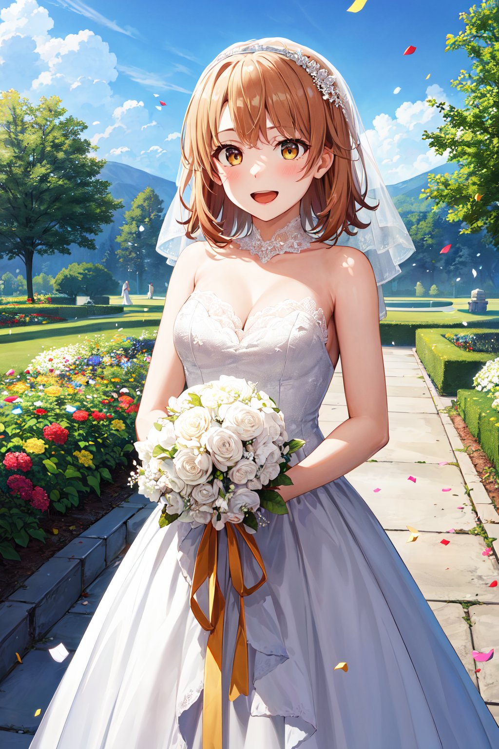 masterpiece, best quality, highres, aairoha, medium hair, <lora:isshiki_iroha_v1:0.7>, white dress, wedding dress, bridal veil, smile, open mouth, holding bouquet, garden, standing, confetti, 