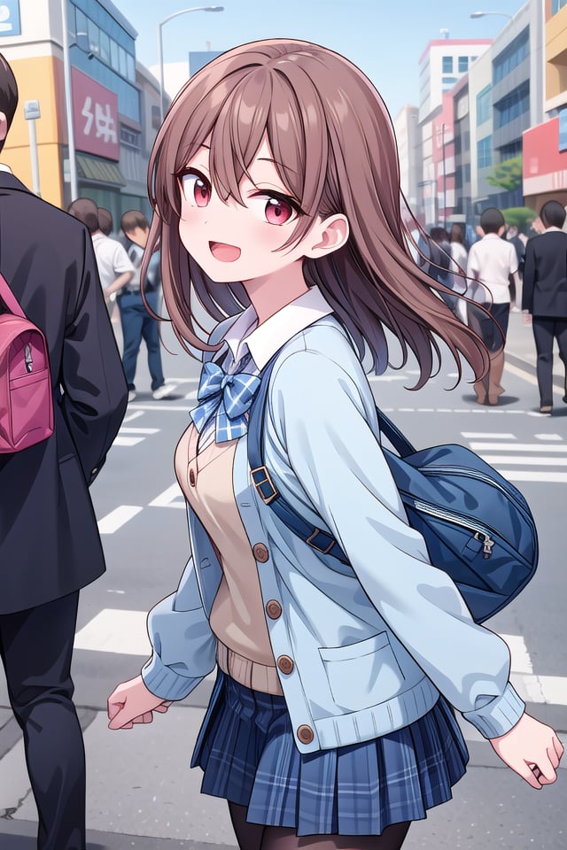 insanely detailed, absurdres, ultra-highres, ultra-detailed, best quality,1girl, solo, nice hands, perfect handsBREAK(School Uniforms:1.2), (pastel blue cardigan is fit body:1.4), ((do up a buttons, not loose):1.5), ((long sleeve, sleeves past wrists):1.2), (inner wear is white collared-shirt:1.3), (blue plaid-pattern bow:1.3), (blue plaid-pattern pleated skirt:1.3), ((dark-brown pantyhose, loafers):1.2), BREAK (nsfw:-1.5)BREAKhappy smile, laugh, open mouthBREAKfrom side,standing, cowboy shot, looking at viewerBREAKslender, kawaii, perfect symmetrical face, ultra cute girl, ultra cute face, ultra detailed eyes, ultra detailed hair, ultra cute, ultra beautifulBREAKshibuya, akihabara, tokyo, street, crowd, cityscape, depth of field, ultra detailed backgroundBREAKmedium breastsBREAKbrown hair, red eyes, medium long hair, bob with bangs, hair between eyes