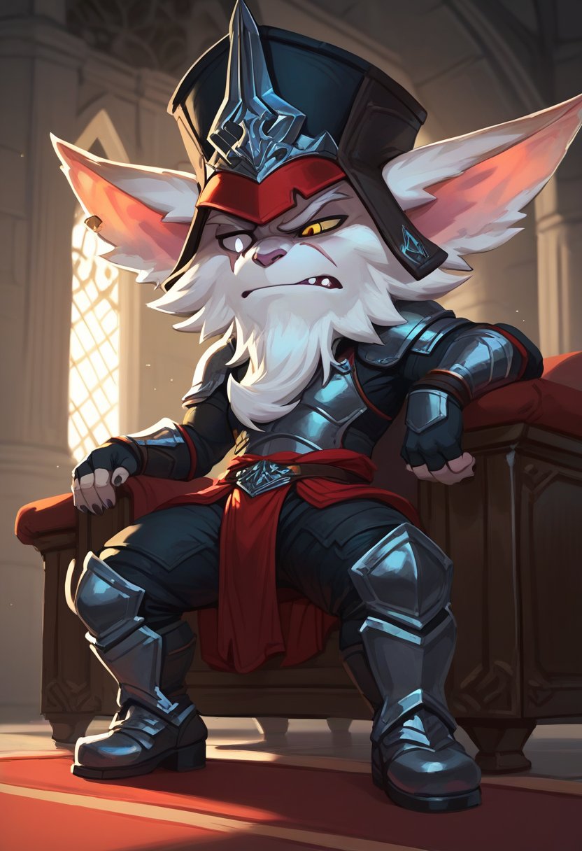 score_9, score_8_up, score_7_up, score_6_up, kl3d, 1boy, yordle, male focus, yellow eyes, white eye,scar across eye, one-eyed, facial hair, beard,  hat, black headwear, ears through headwear, armor, gloves, fingerless gloves, pants, boots , <lora:Kled_Default_v1:0.7>, castle, indoors, (bored)