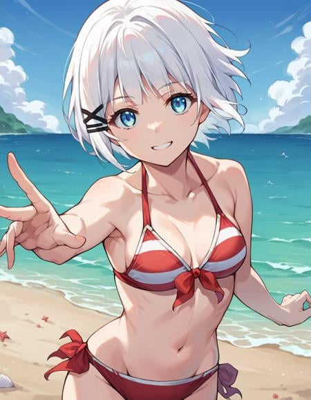 score_9, score_8_up, score_7_up, source_anime,siesta, <lora:siesta-ponyxl-lora-nochekaiser:1>,siesta, short hair, bangs, blue eyes, hair ornament, white hair, hairclip, smile,bikini, striped bikini, red bikini, navel, collarbone,outdoors, beach,looking at viewer, cowboy shot, dynamic pose,