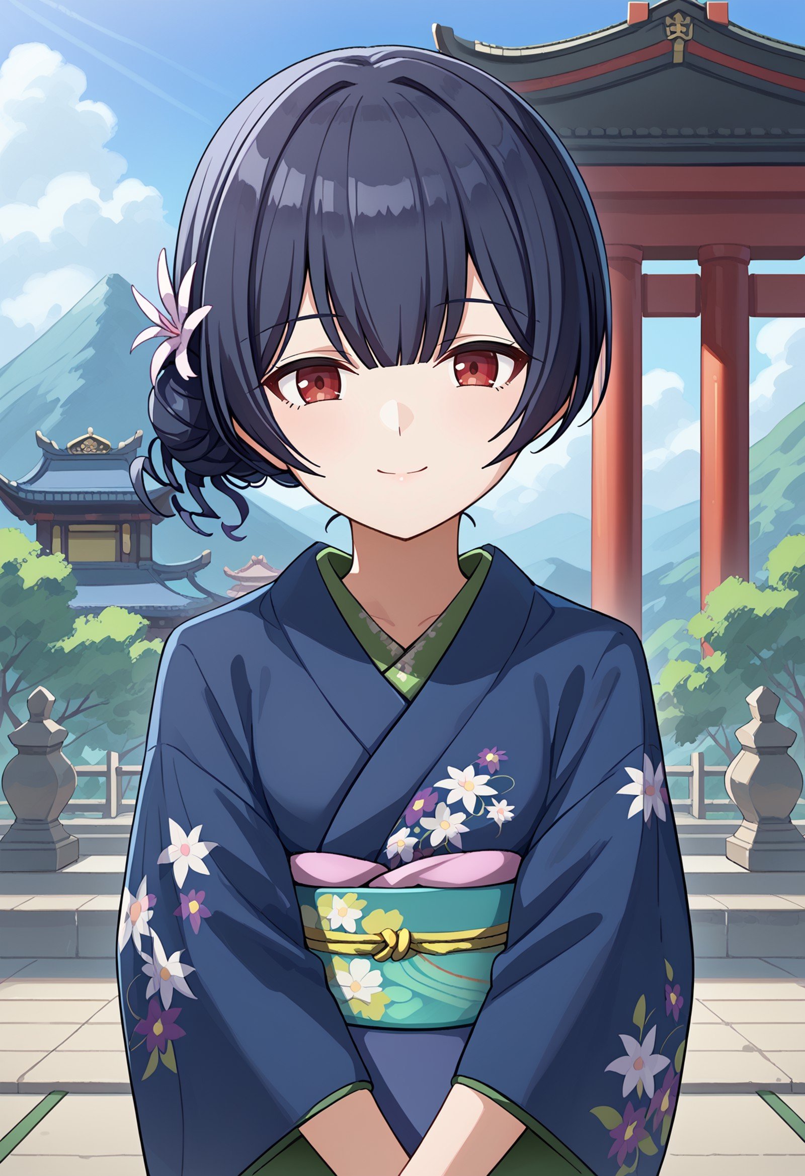 score_9, score_8_up, score_7_up, source_anime, 1girl, morino rinze, dark blue hair, single hair bun, hair flower, red eyes, blue kimono, floral print, v arms, temple, smile, head tilt, looking at viewer <lora:hskc-rinze-pony-v0.5-000009:1>