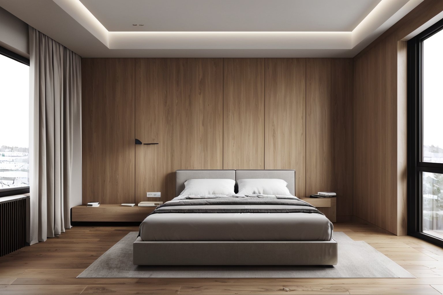 interior design,log style,bed room,bed,no humans,wooden floor,window,scenery,curtains,still life,