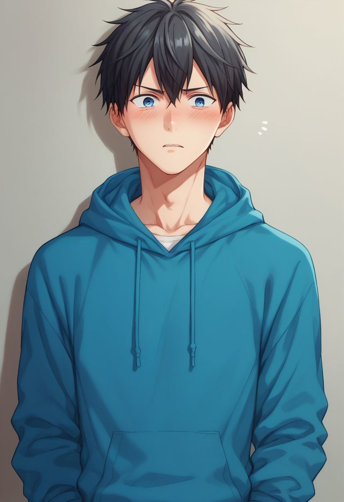 score_9, score_8_up, score_7_up, source_anime, highly detailed, skinny, short neck,ueno, 1boy, male focus, solo, black hair, blue eyes, hoodie, hood, blush, embarassed, pants, upper body,indoor,