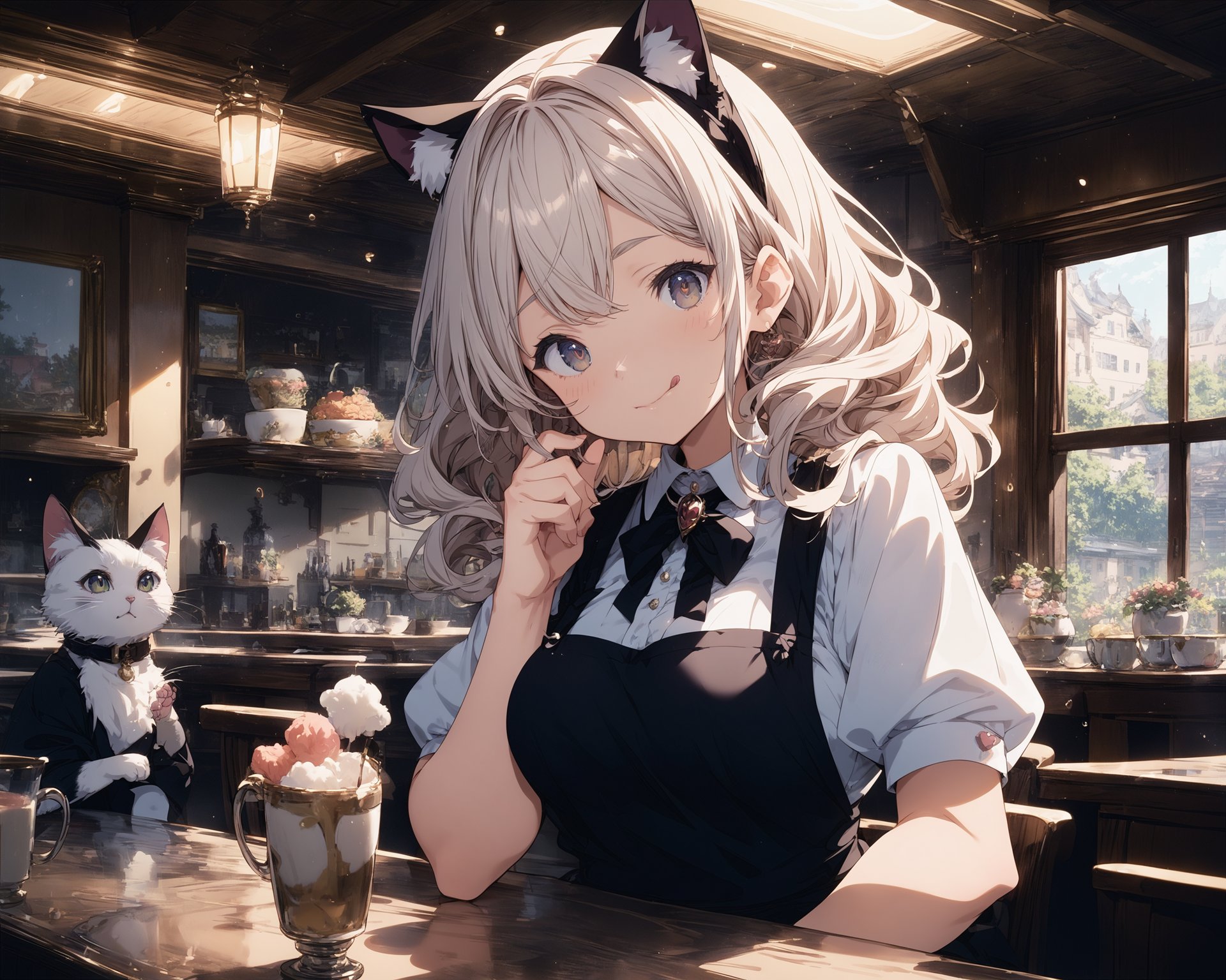 score_9,score_8_up,score_7_up,source_anime,masterpiece,best_quality,highres,absurdres,BREAK1girl,waitress,cat_ears,wavy_hair,closed_mouth,tongue_out,upper_body,indoors,cafe,