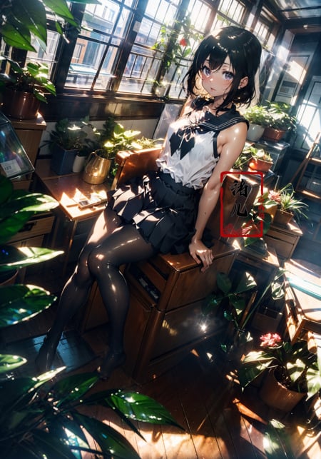 Epic CG masterpiece, an anime girl in a room with plants, no shoes, Black transparent pantyhose, pleated skirt, Sailor suit, sailor collar, in the style of photorealistic urban scenes, applecore, sandalpunk, high-angle, vacation dadcore, solarizing master1girl,  Milky skin, (shiny skin:1.4)，silk stockings，<lora:绪儿-阳光少女 window:0.8>