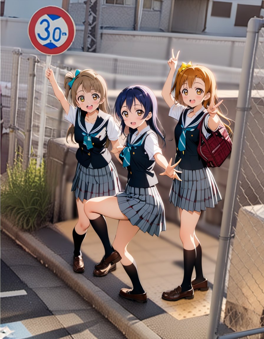 masterpiece, best quality, ultra detailed, highres,4k,(ultra-detailed:1.4) (illustration:0.5), (ray tracing,:0.8),(anime colored:0.7),(ai-generated:0.5),sonoda umi, love live!,kousaka honoka, love live!,minami kotori, love live!,smile,school uniform,<lora:googlecarmemeXL1:1>,googlecarmeme,multiple girls, 3girls,outdoors,sign,road, road sign,city,v,standing on one leg,arm up,