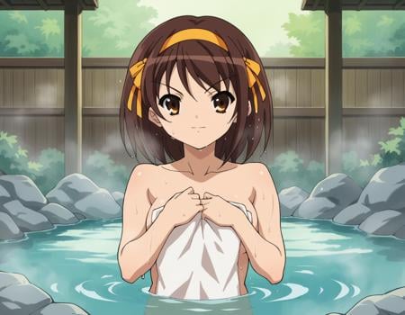 score_9, score_8_up, score_7_up, source_anime,haruhisuzumiya,  <lora:haruhi-suzumiya-s1-ponyxl-lora-nochekaiser:1>,haruhi suzumiya, short hair, brown hair, brown eyes, hairband, medium hair, ribbon, hair ribbon,nude, naked, outdoors, onsen, towel, naked towel, steam, bathing, nude cover, partially submerged, water, bath, steam censor, wet towel,looking at viewer, cowboy shot, solo,