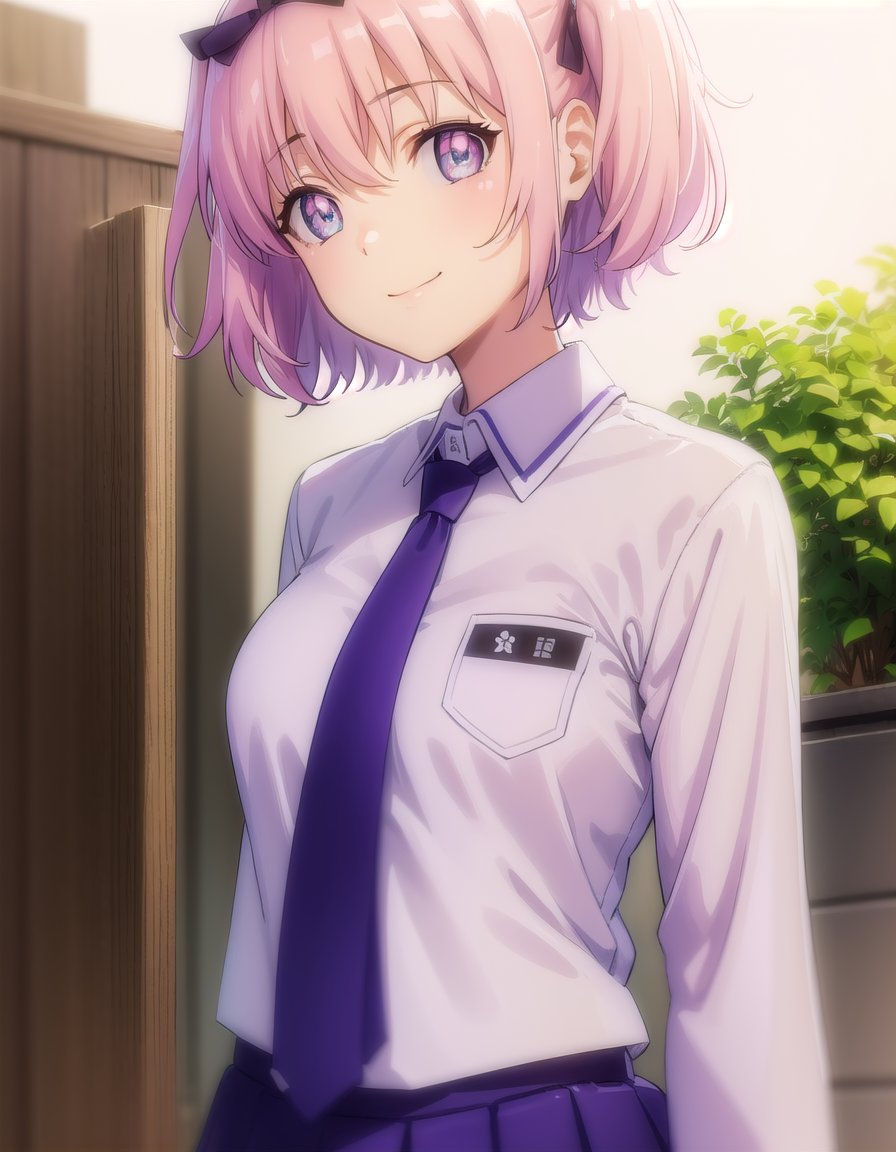 skhibari, <lora:sk hibari s1-lora-nochekaiser:1>,hibari, short hair, bow, twintails, pink hair, hair bow, symbol-shaped pupils, short twintails, blue eyes,BREAK skirt, bow, school uniform, necktie, purple skirt,BREAK outdoors, classroom,BREAK looking at viewer, (cowboy shot:1.5), smile,BREAK <lyco:GoodHands-beta2:1>, (masterpiece:1.2), best quality, high resolution, unity 8k wallpaper, (illustration:0.8), (beautiful detailed eyes:1.6), extremely detailed face, perfect lighting, extremely detailed CG, (perfect hands, perfect anatomy),