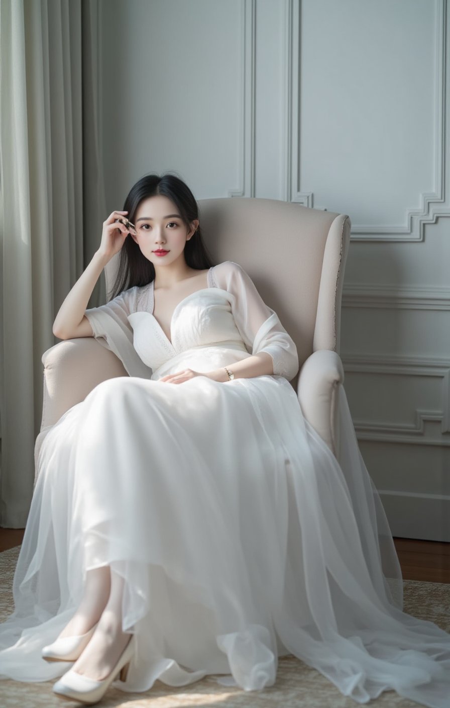 Instagram Filter, a Chinese beauty with long black hair, wearing white stockings and high heels lying on a chair in her wedding dress. The room is grey with sunlight coming through. She has one leg up against her head, holding onto her key and sitting on top of it, highly detailed, ultra-high resolutions, 32K UHD, best quality, masterpiece <lora:女生 (3):1>