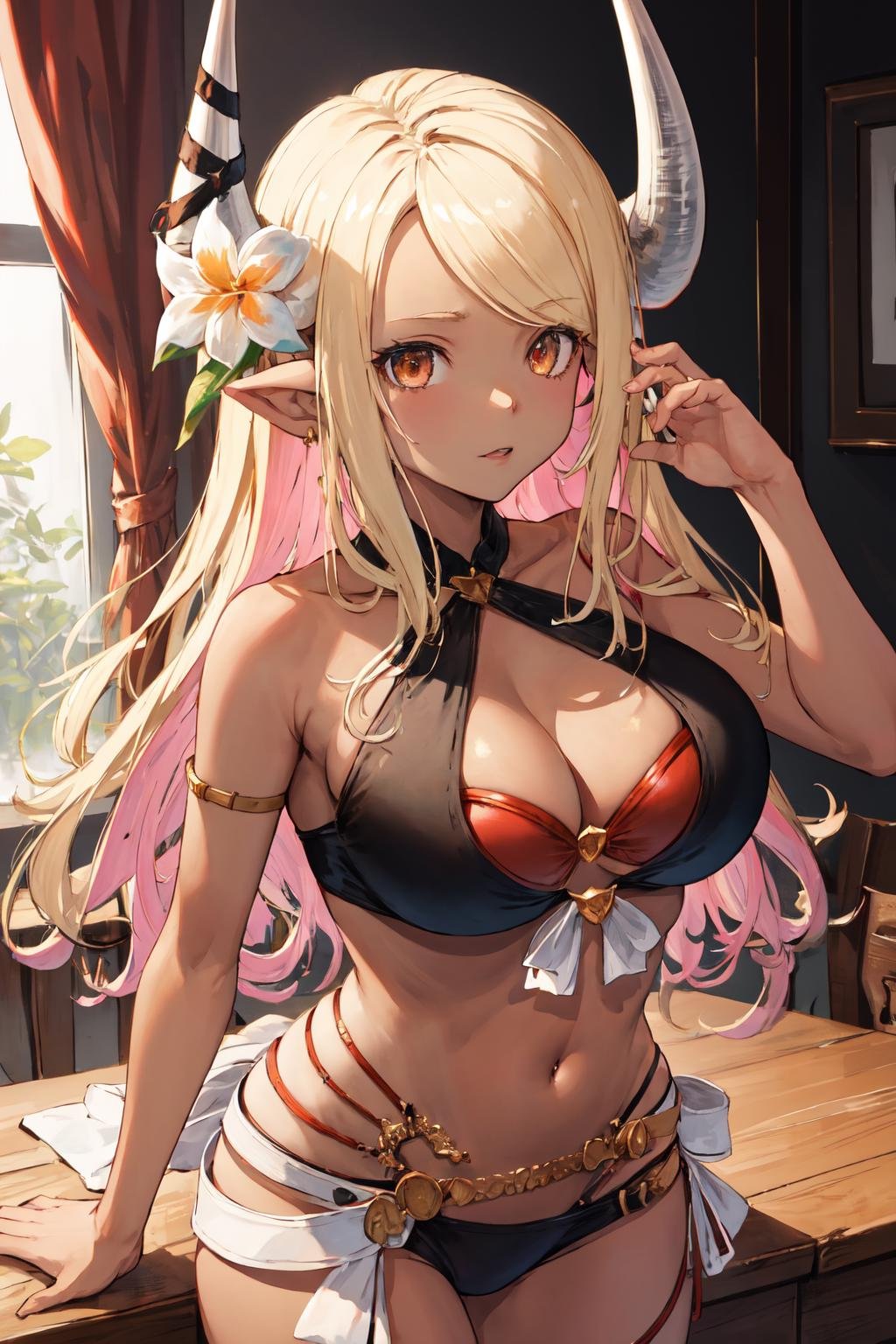 masterpiece, (detailed, highres, best quality), 1girl, <lora:spgbfKumbhira-10:1> kumbhirasu, horn ribbon, hair flower, black bikini, layered bikini, cleavage, belt, bare arms