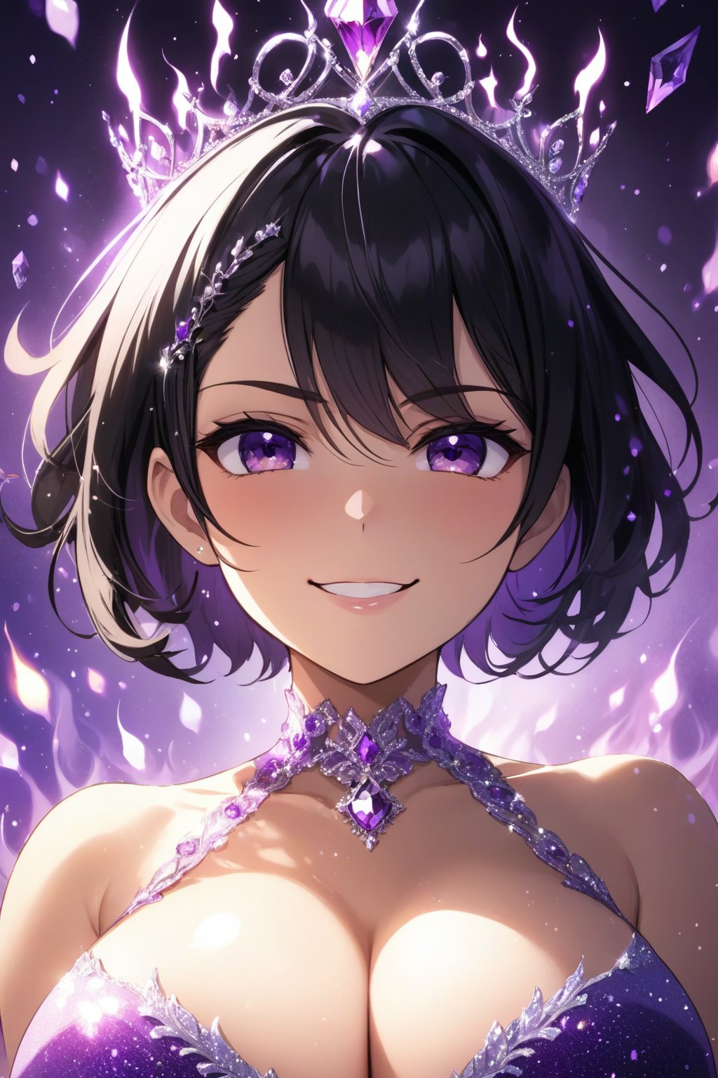 tiara, huge breasts, dress, glitter, purple, crystal, facing viewer, looking at viewer, from below, smug, smirk, sexy, upper body, short hair, black hair, messy hair, purple eyeshadow, light particles, flames, cover page, best quality, high quality