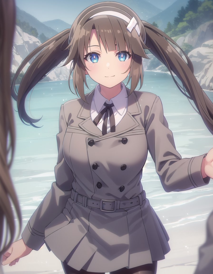 skminori, <lora:sk minori s1-lora-nochekaiser:1>,minori, long hair, bangs, blue eyes, brown hair, hair ornament, long sleeves, twintails, sidelocks, hairband, white hairband,BREAK skirt, shirt, long sleeves, school uniform, pantyhose, pleated skirt, belt, miniskirt, black pantyhose, black ribbon, neck ribbon, buttons, grey skirt, grey jacket,BREAK outdoors, classroom,BREAK looking at viewer, (cowboy shot:1.5), smile,BREAK <lyco:GoodHands-beta2:1>, (masterpiece:1.2), best quality, high resolution, unity 8k wallpaper, (illustration:0.8), (beautiful detailed eyes:1.6), extremely detailed face, perfect lighting, extremely detailed CG, (perfect hands, perfect anatomy),