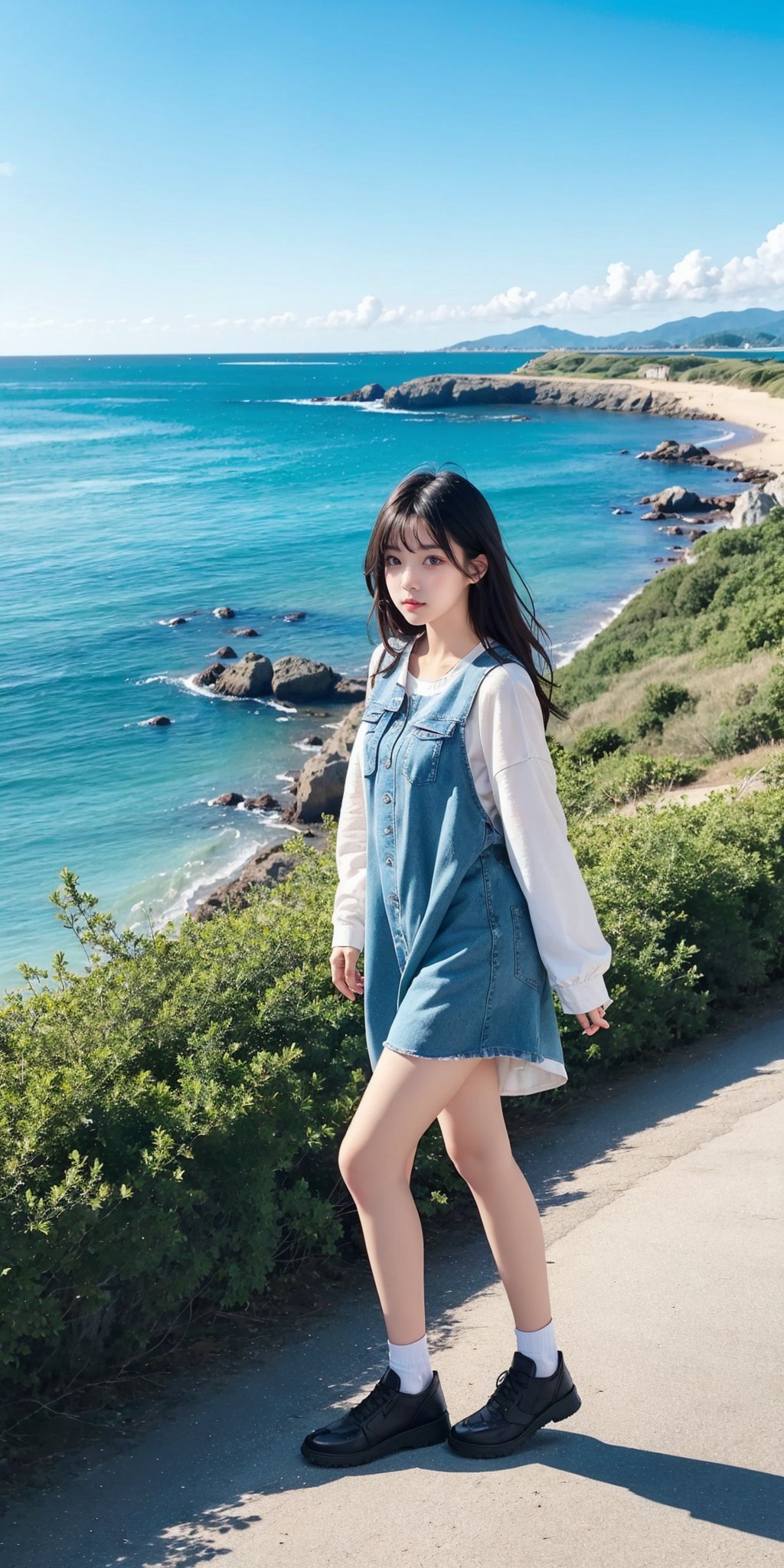 1girl,solo,looking at viewer,solo,full body,suburban scenery,sea,