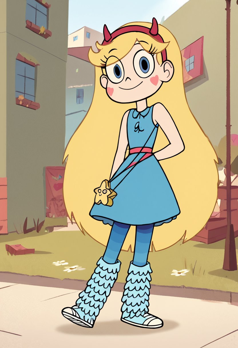 <lora:StarButterfly2.0:1> starbutterfly, 1girl, blonde hair, horned headwear, long hair, solo, , smile, very long hair, dress, pantyhose, striped pantyhose, blue dress, standing, facial mark, full body, sneakers, blue legwarmers, sleeveless, pink belt, score_9, score_8_up, score_7_up, score_6_up, score_5_up, score_4_up, looking at viewer,outdoors, 