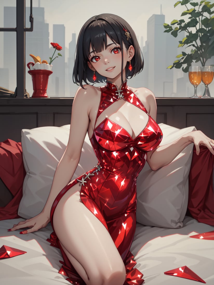 8k, masterpiece, highly detailed, high quality,1girl wearing a red (crystalline dress), <lora:crystalline_dress-SD-2.0:1>red eyes, [qipao], china dress, cleavage cutout, large breasts, black hair, bob cut, restaurant, seductive smile, head tilt, reclining,