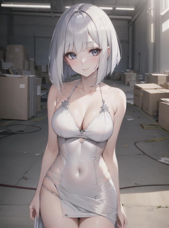 beautiful woman with silver hair (sliced_bob) <lora:sliced_bob-2.0:0.6>,8k, masterpiece, highly detailed, solo,(Abandoned Warehouse),cowboy shot,blowing a kiss,sick,prom dress