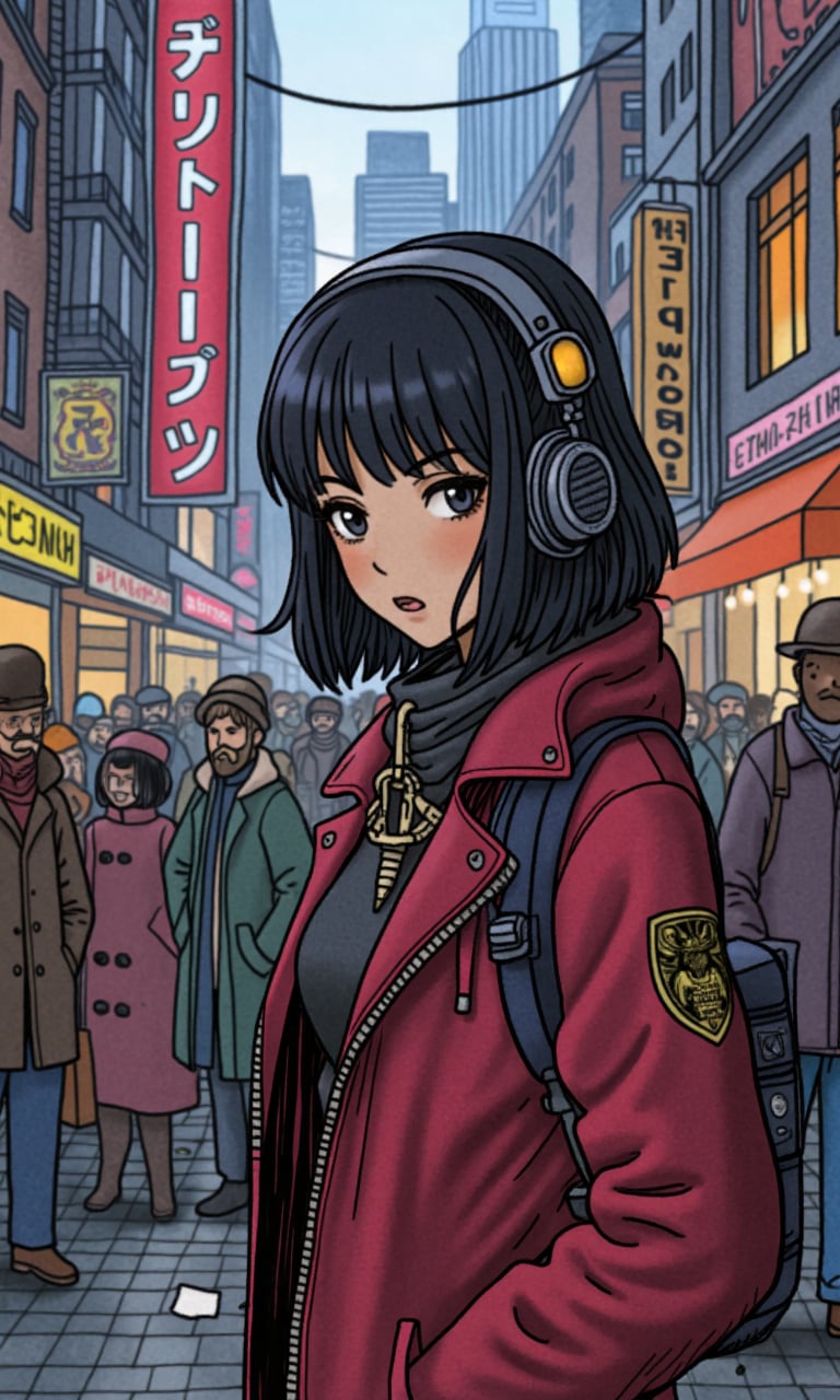 a female cyberpunk streetpunk with visible cyberware in a crowded street of a metropolis by Moebius