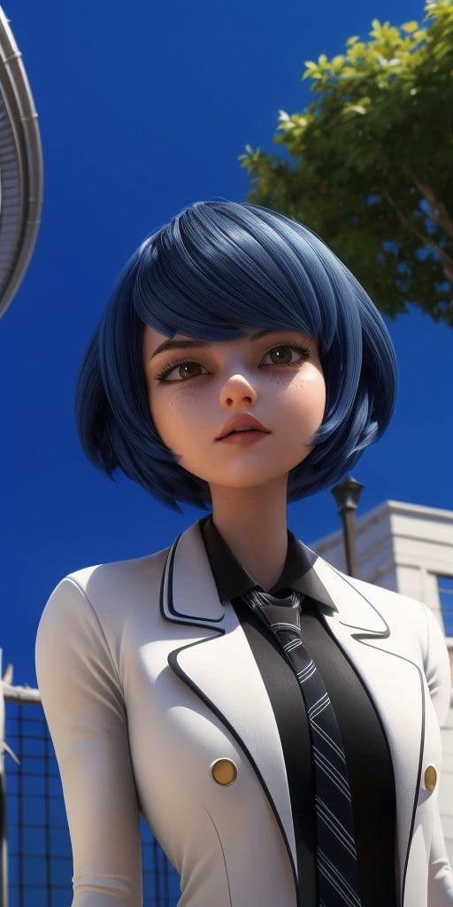 Hyperrealistic, photorealistic, super detailed, white long-sleeved blazer that has black outlines around the collar, expressive sharp slanted moderate vermilion eyes, thick straight black hair with blue reflections bangs swept to the left in a face-framing bob that levels with her chin with dark blue tints, lighter dusting of light-brown freckles, body like in real life, large pores, fair skin, slender, beautiful arms, (very little very flat breasts), unreal engine, octane render, droped shadow, bokeh, cinematic lighting, <lora:add_detail:0.5>, <lora:Volumetric_lighting:0.6>, Kagami Tsurugi,, <lora:dc2cca4f-0ca7-4e9e-8f19-795820b7cd3f:0.7>