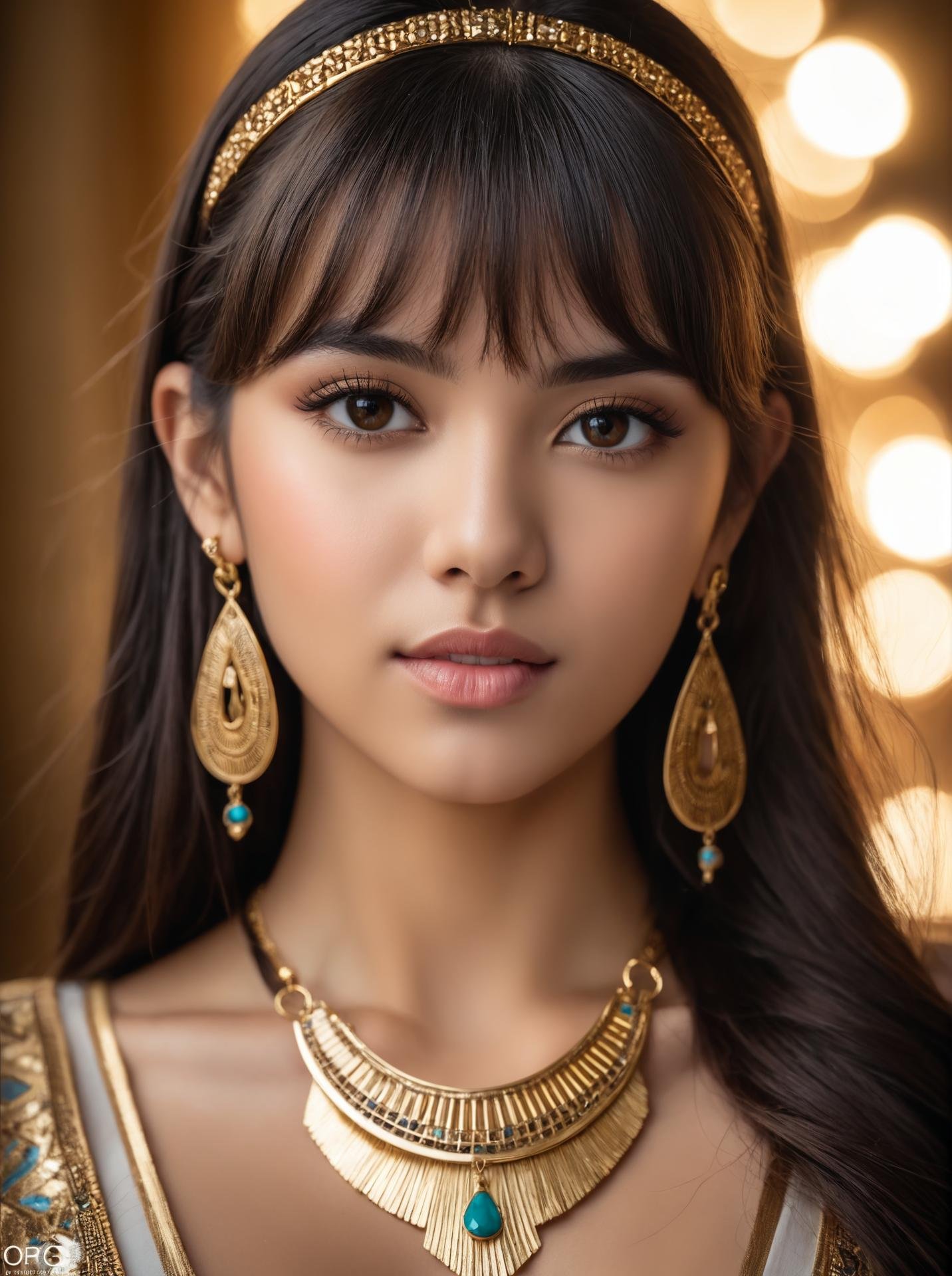 Awardwinning photo, dynamic photo of woman front bangs, 18 years old, egyptian, gold, earrings, bracelets, silk, 8k uhd, dslr, soft lighting, high quality, film grain, Fujifilm XT3, high quality photography, 3 point lighting, flash with softbox, 4k, Canon EOS R3, hdr, smooth, sharp focus, high resolution, award winning photo, 80mm, f2.8, bokeh, (Highest Quality, 4k, masterpiece, Amazing Details:1.1), film grain, Fujifilm XT3, photography,