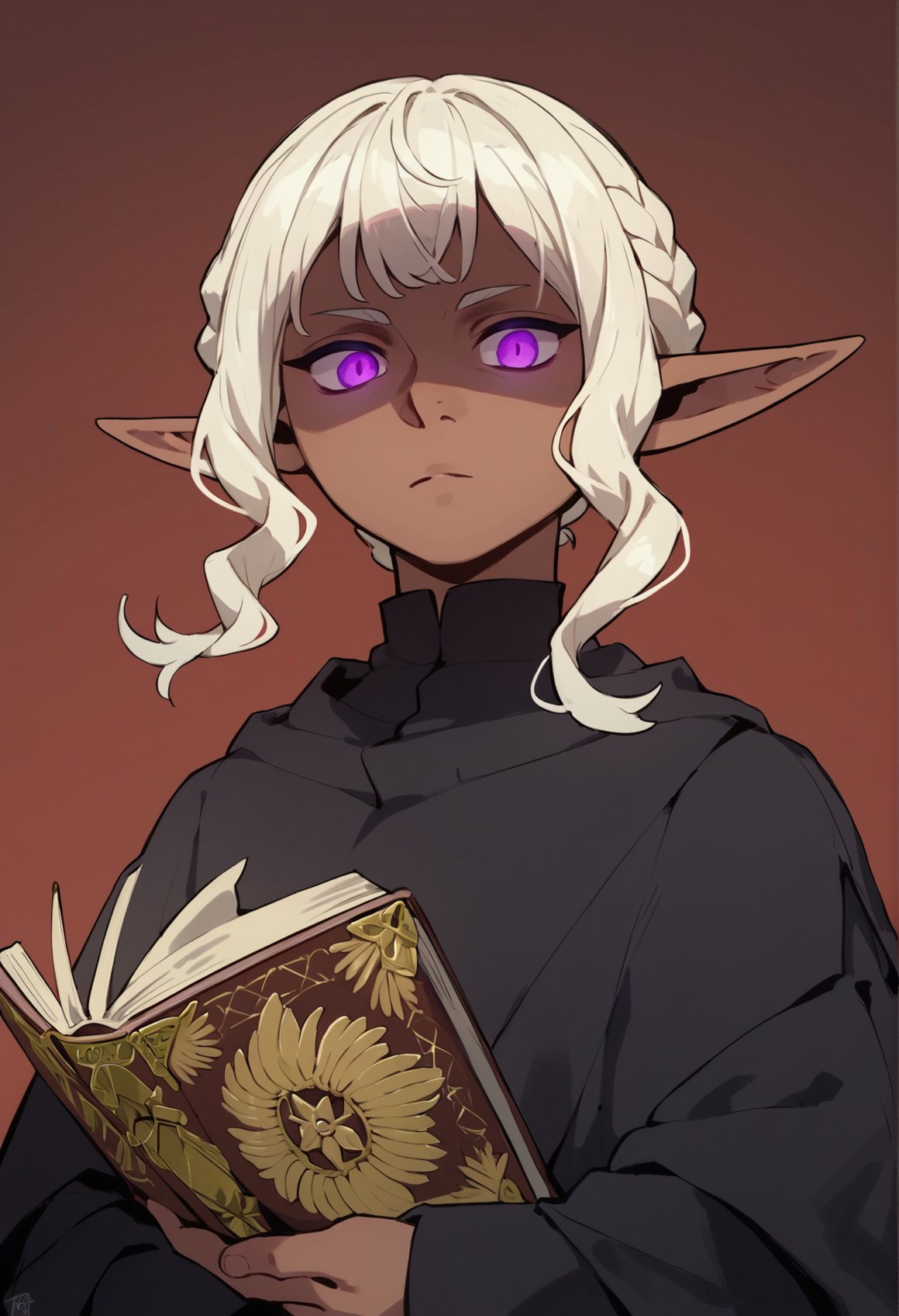 (score_9), score_8_up, score_7_up, score_6_up, zPDXL, thistle \(dungeon meshi\), white hair, pointy ears, dark skin, purple eyes, bangs, braid, from below, glowing eyes, symbol-shaped pupils, shaded face, expressionless, red background, gradient background, book, holding book, black poncho, black robe, <lora:Thistle_DM_XL_Pony:1> 