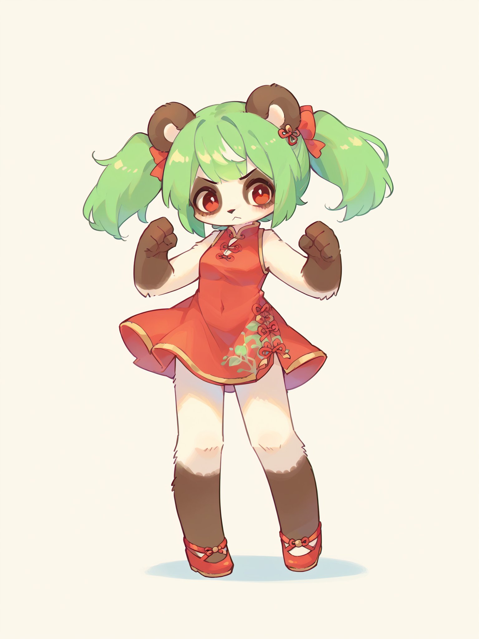 score_9, score_8_up, score_7_up, score_6_up, score_5_up, score_4_up, source_furry, source_anime, rating_safe, embedding:zPDXL2, furry, kemono, 1girl, panda girl, panda, green hair, red cheongsam, fighting stance, simple background, full body, standing, twintails, red eyes, hands up,